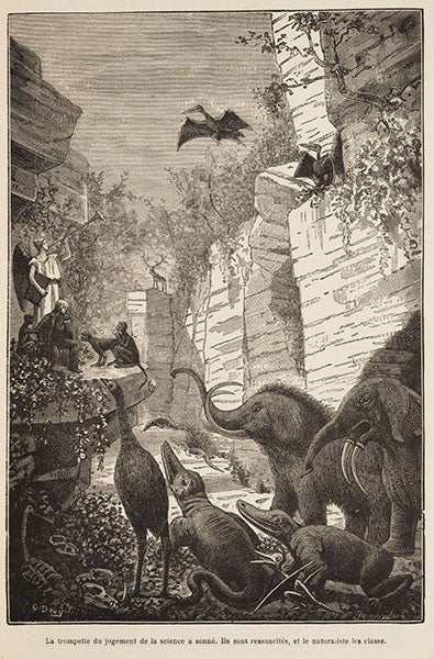 “The trumpet of judgement of science has sounded,” and prehistoric animasl have been resurrected,  wood engraving, in Le monde avant la création de l'homme, by Camille Flammarion, 1886 (Linda Hall Library)