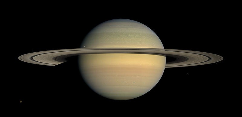 Saturn nearing equinox, with ring and 5 moons, as viewed from the Cassini spacecraft, July 23, 2008, NASA (Wikimedia commons)