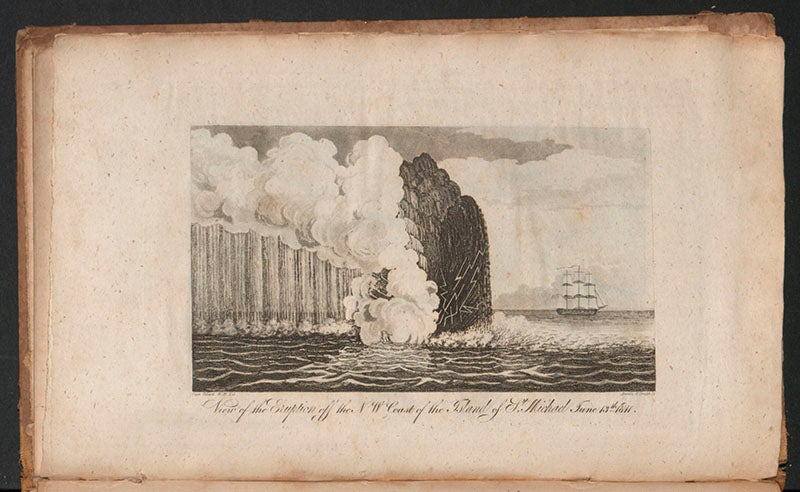 A new volcanic island emerges from the sea west of St. Michael, from John W. Webster, <i>Description</i>, 1821 (Linda Hall Library)