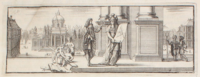 A personification of Architectura, holding a design for a compass for producing tapered columns, engraved headpiece by Sébastien Le Clerc, in François Blondel, Resolution des quatre principaux problèmes d'architecure, in Recueil de plusieurs traitez de mathematique, 1676 (Linda Hall Library)