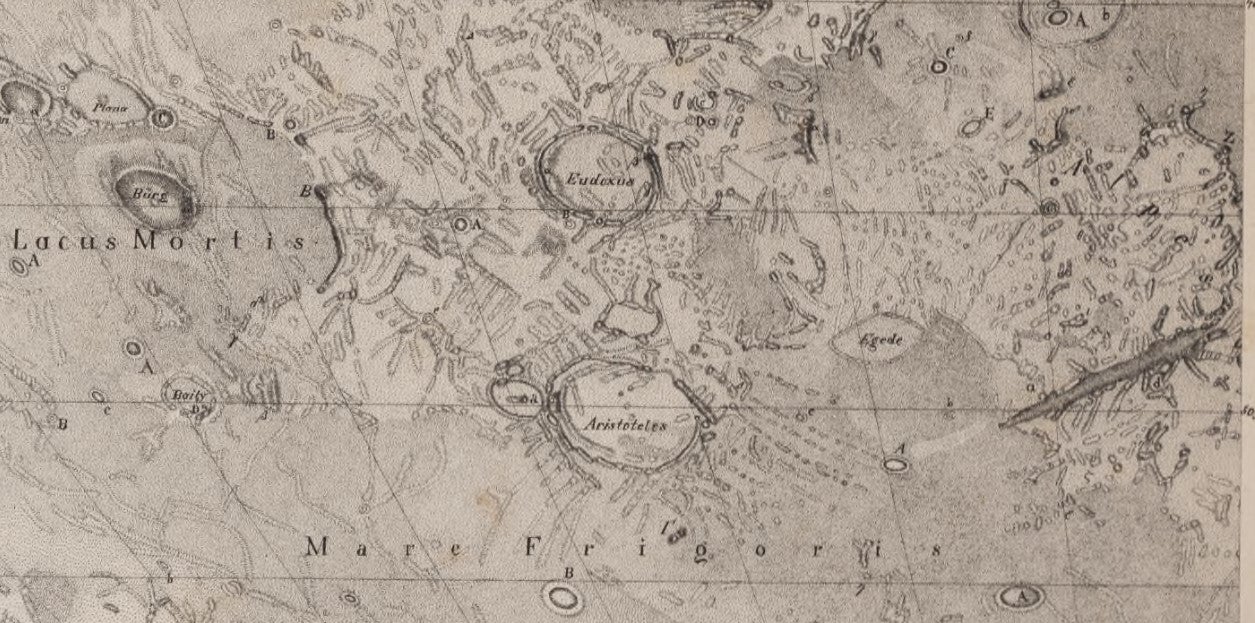 The Beer and Mädler map is crammed with detail that is almost impossible to appreciate with the naked eye; under magnification, an incredible richness is revealed. The illustration shows a mere corner of the northeast quadrant, with Aristotle at the left and the Alpine Valley at the right. 
