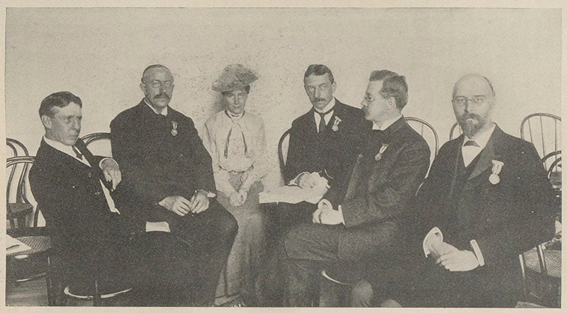 Group of paleontologists at an international meeting in St. Louis, 1904. Osborn is third from the right at the rear; photograph from Popular Science Monthly, 1904-05 (Linda Hall Library)