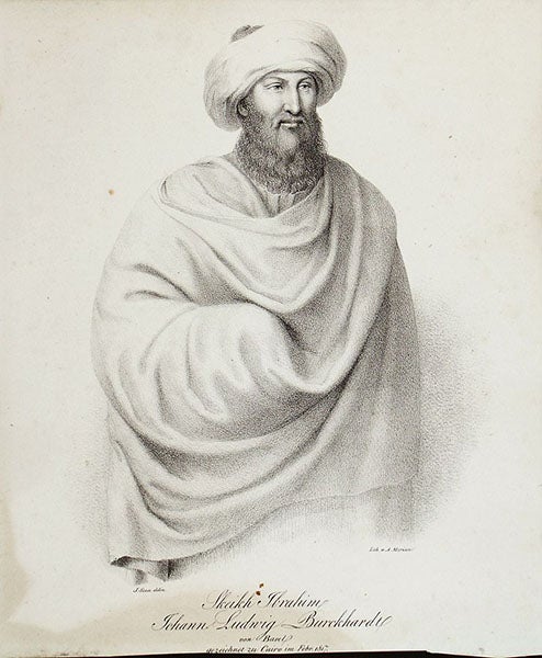 Portrait of Sheikh Ibrahim Ibn Abdallah (Johann Ludwig Burckhardt), drawn by J. Sinn, Feb. 1817, lithographed by A. Merian (Wikimedia commons)
