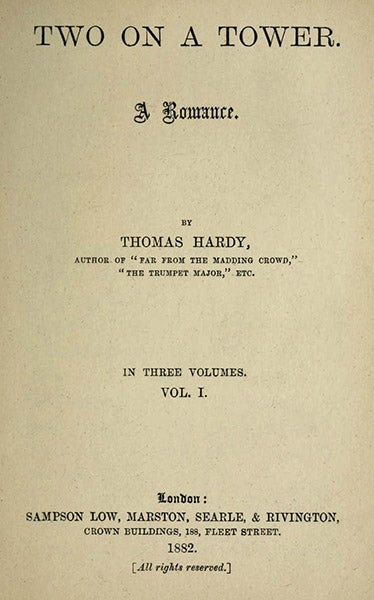 Titlepage of Two on a Tower: A Romance, by Thomas Hardy (Wikimedia commons)
