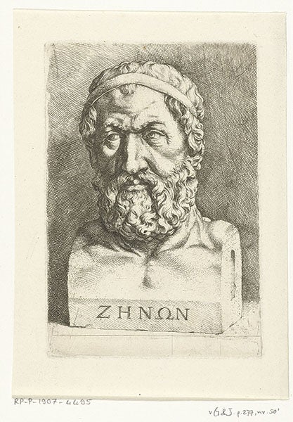 Supposed portrait of Zeno of Elea, engraving from Diogenes Laërtius, Lives and Opinions of Eminent Philosophers, unspecified edition, 17th century (Wikimedia commons)
