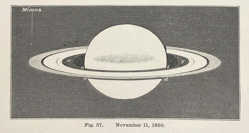 The inner or “crepe” ring of Saturn (labeled x/y), newly discovered by W.C. Bond and G.P. Bond in 1850, wood engraving illustrating article by W.C. Bond, Annals of Harvard College Observatory, vol. 2, fig. 57, 1857 (Linda Hall Library)