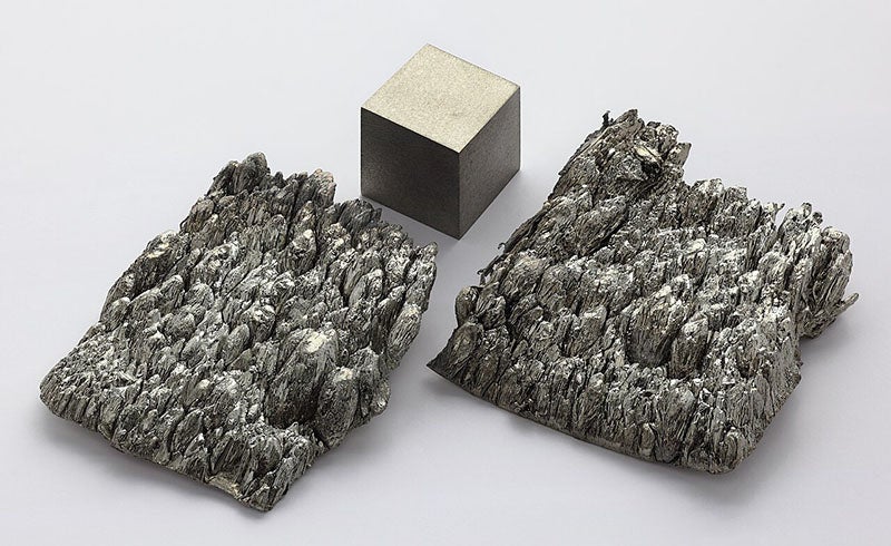 The element scandium, a metallic rare earth, discovered by Lars Fredrik Nilson in 1879; the remelted cube is one cm. on a side (Wikimedia commons)