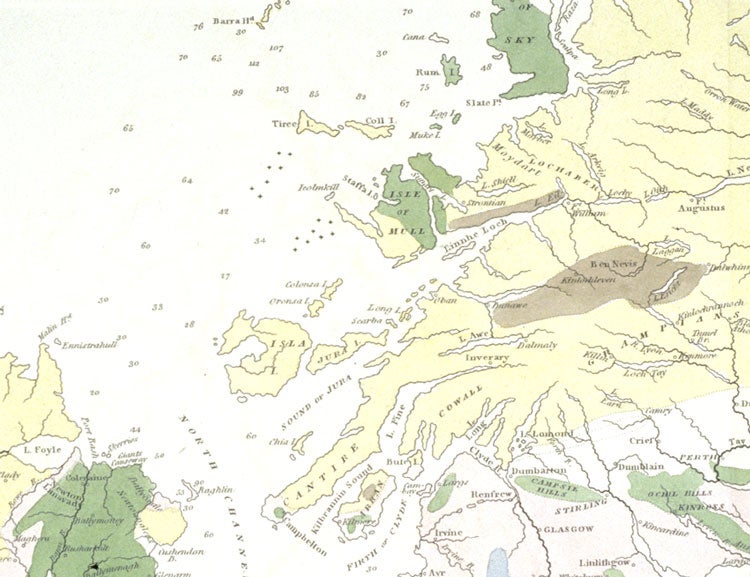 Basalt map of Ireland and Scotland. Image source: Conybeare, William Daniel. "On the Geological Features of the North-Eastern Counties of Ireland...." Transactions of the Geological Society of London, vol. 3, 1816, pl. 9.