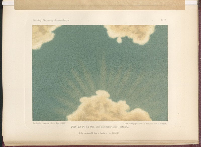 Cloud shadows at noon, chromolithograph after painting by Eduard Pechuel-Loesche, in Untersuchungen über Dämmerungserscheinungen zur Erklärung der nach dem Krakatau, by Johann Kiessling, plate 4, 1888 (Linda Hall Library).