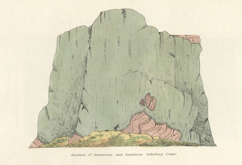 Junction of greenstone and sandstone, Salisbury Crags, hand-colored etching, Essay on the Geology of the Lothians, by Robert J. Hay Cunningham, 1838 (Linda Hall Library)