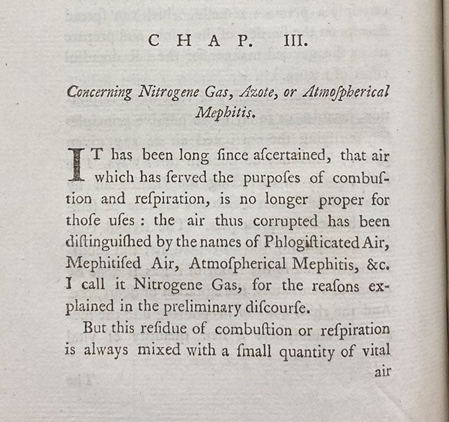 Introduction of term nitrogen for the gas that had previously been called mephitic air, phlogisticated air, or azote, in Elements of chemistry, by Jean-Antoine Chaptal, transl. by William Nicolson, vol. 1, p. 140, 1791 (Linda Hall Library)