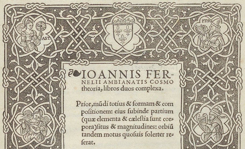 Criblé border with portraits of Astronomy, Pythagoras, Music, Orpheus, detail of woodcut title page for Cosmotheoria, by Jean Fernel, printed in Paris by Simon de Colines, 1528 (Linda Hall Library)