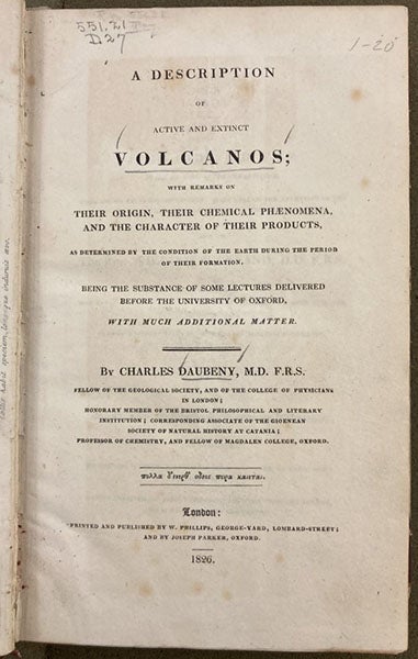 Title page, Charles Daubeny, A Description of Active and Extinct Volcanos, 1826 (Linda Hall Library)