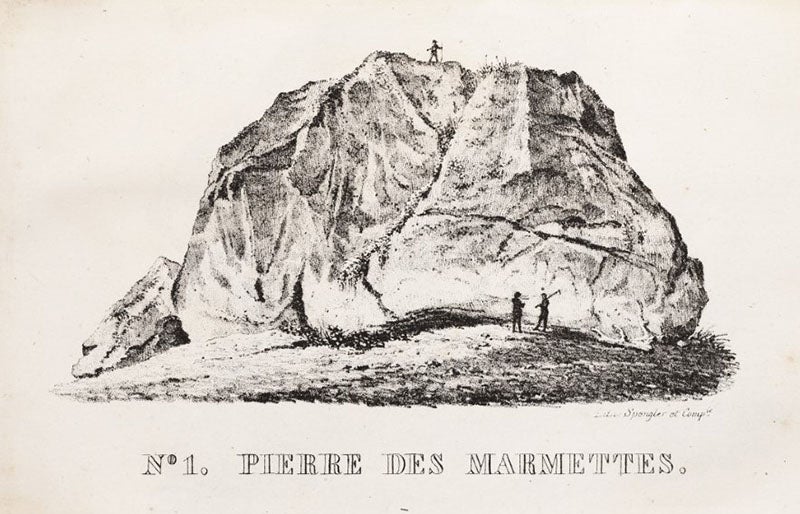 The largest erratic  boulder in Switzerland, the Pierre des Marmettes, engraving in Essai sur les glaciers et sur le terrain erratique du bassin du Rhône, by Jean de Charpentier, 1841 (Linda Hall Library)