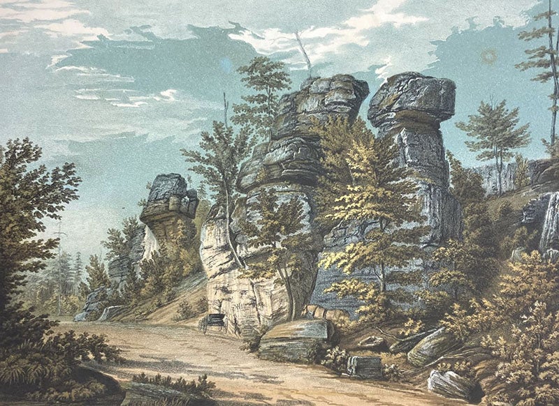 “Pulpit Rocks, Warrior Ridge, Huntingdon Co,” chromolithographed frontispiece, slightly cropped, The Geology of Pennsylvania; a Government Survey, by Henry Darwin Rogers, vol. 1, 1858 (Linda Hall Library)