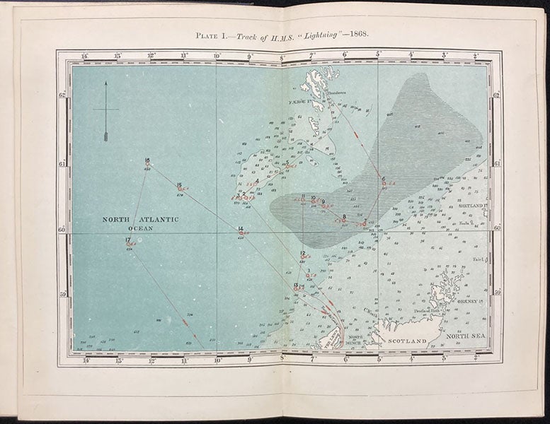 Map of the cruise of HMS Lightning, 1868, in the sea north of Scotland, colored engraving, in The Depths of the Sea, by Charles Wyville Thomson, p. 58, 1873 (Linda Hall Library)