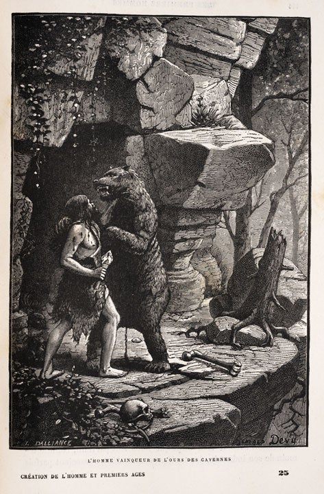 Early man fighting a bear. Image source: Raison Du Cleuziou, Henri, and Camille Flammarion. La creation de l’homme et les premiers ages de l’humanité. Paris: C. Marpon et E. Flammarion, 1887, p. 193.