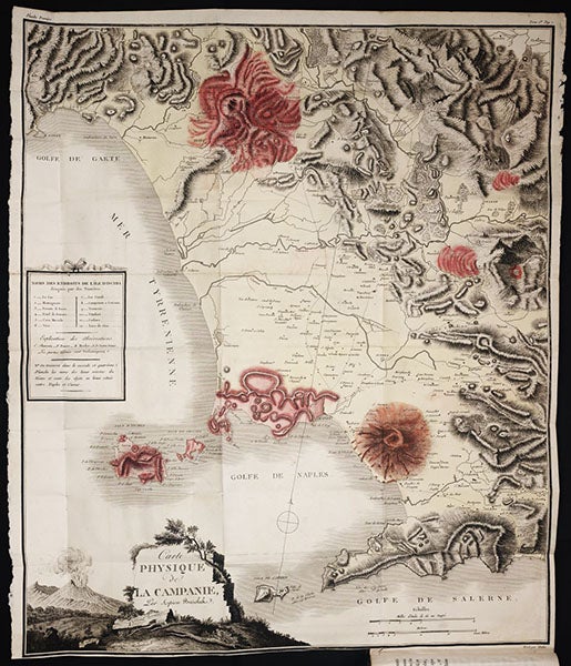 Map of volcanic regions in Campania, Italy, hand-colored, fold-out engraving, Voyages physiques et lythologiques dans la Campanie, by Scipione Beislak, vol 1, plate 1, p. 1, 1801 (The Linda Hall)