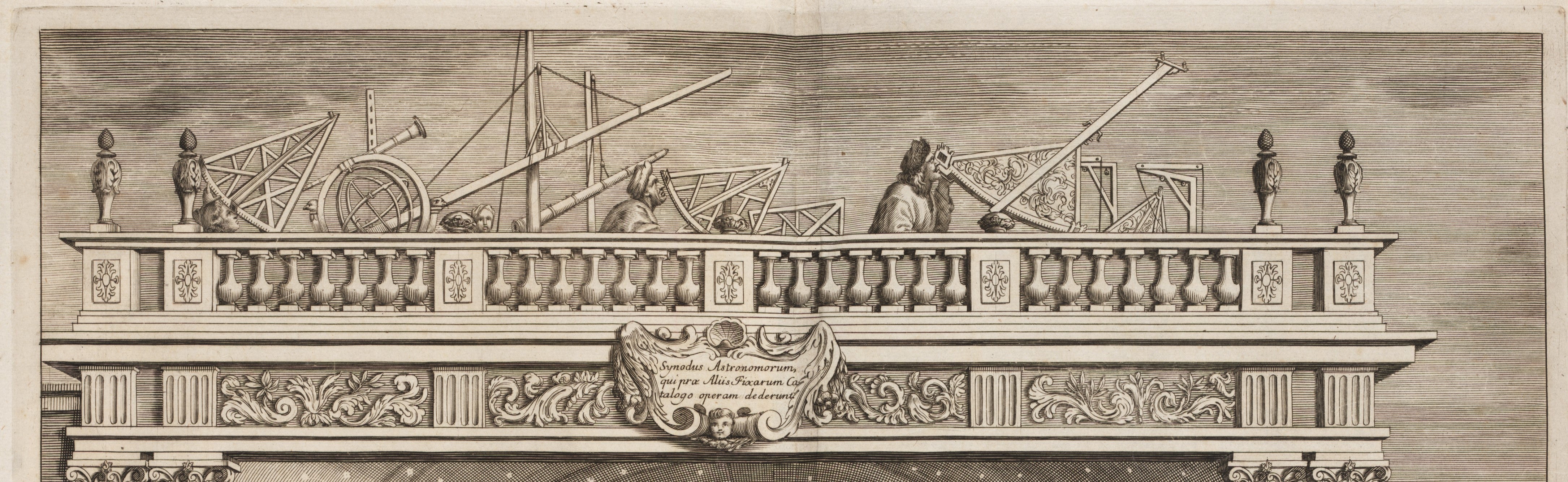 Astronomers gathered together under a barrel-vaulted ceiling decorated appropriately with images of the stars.