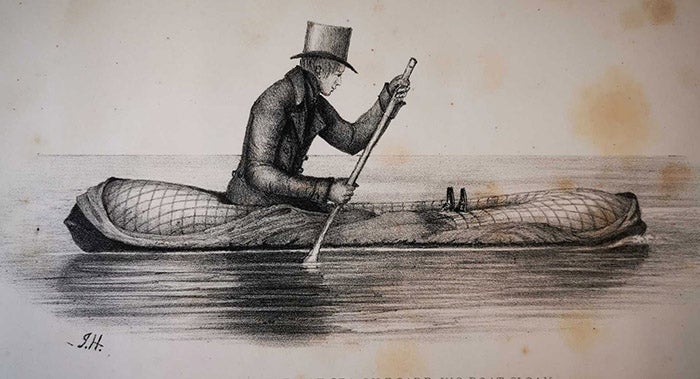 Peter Halkett’s original one-man boat-cloak in operation, lithograph, from his <i>Boat-cloak or Cloak-boat</i>, 1848 (Caird Library, National Maritime Museum, Greenwich)