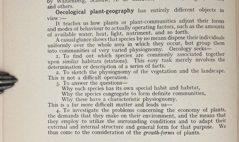 Paragraph in introduction defining “Oecological Plant-geography,” Oecology of Plants: An Introduction to the Study of Plant-Communities, by Eugenius Warming, 1909 (1925) (Linda Hall Library)