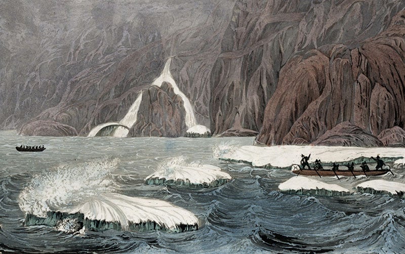 Exploring the Arctic coast, detail of hand-colored engraving, John Franklin, <i>Narrative of a Journey to the Polar Sea</i>, 1823 (Linda Hall Library)
