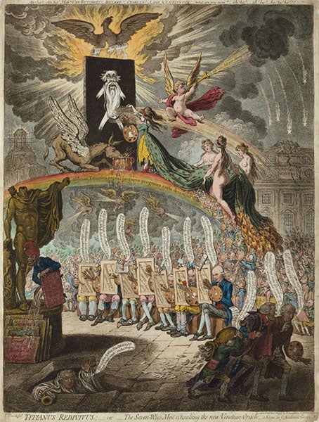 “Titianus redivivus, or, the seven-wise-men consulting the new Venetian oracle,” cartoon by James Gillray, 1797, Royal Academy of Arts, London; the right-most figure of the seven seated figures is Benjamin West (royalacademy.org.uk)