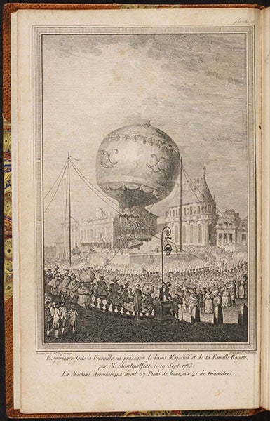 First ascent of a Montgolfier hot-air balloon, Sep. 19, 1783, with a rooster, a duck, and a sheep as passengers, engraved frontispiece, Description des expériences de la machine aérostatique de MM. de Montgolfier, by Barthélemy Faujas-de-Saint-Fond, vol. 1, plate 1, 1783-84 (Linda Hall Library)