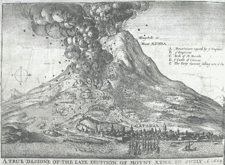 Eruption of Mount Etna in 1669. Image source: Winchilsea, Heneage Finch. A True and Exact Relation of the Late Prodigious Earthquake & Eruption of Mount Aetna, or Monte-Gibello. London: Printed by T. Newcomb, 1669, frontispiece.