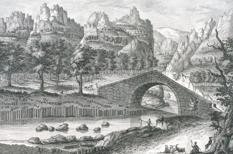 Bridon river engraving. Image source: Faujas-de-St.-Fond, cit. Barthélemy. Recherches sur les volcans éteints du Vivarais et du Velay. Grenoble: Chez Joseph Cuchet, 1778, pl. 8.