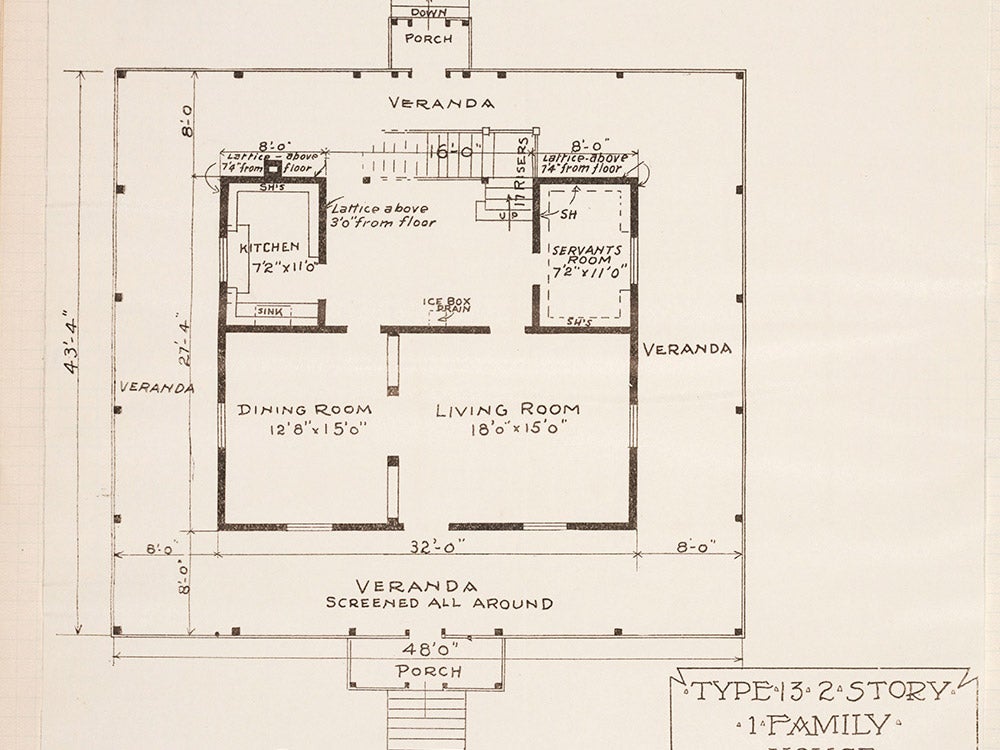 Floor plan for first floor of type 13 two-story house.
View in Digital Collection »