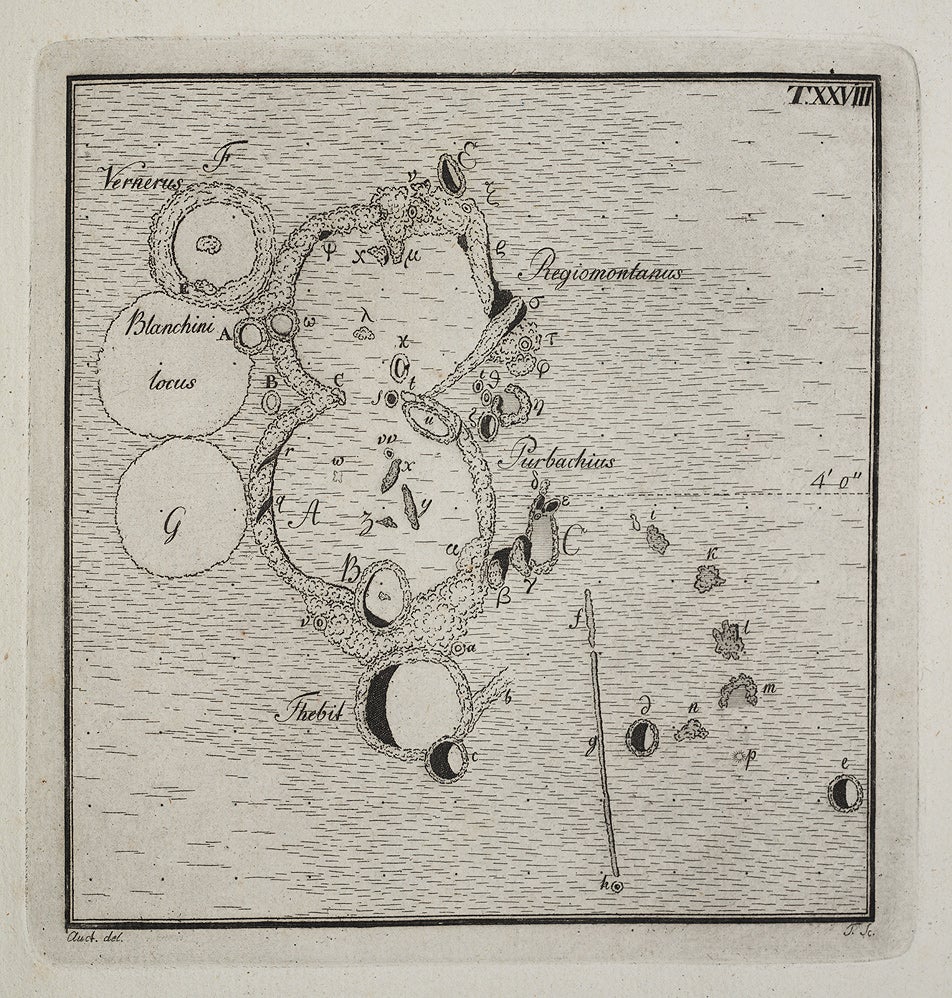 The most famous rill discovered by Schröter was later promoted to a valley and named in his honor. Schröter's Valley lies just northwest of the crater Aristarchus (for two views, see items 29 and 33.) He was also the first to publish a drawing of the renowned Straight Wall, which is depicted here just to the right of the crater Thebit in the lunar highlands.
