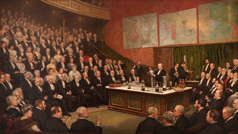 James Dewar lecturing at the Royal Institution, painting by Henry J. Brooks, 1904 (Royal Institution)