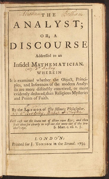 Title page, The Analyst; or, a Discourse Addressed to an Infidel Mathematician, by George Berkeley, 1734 (Linda Hall Library)