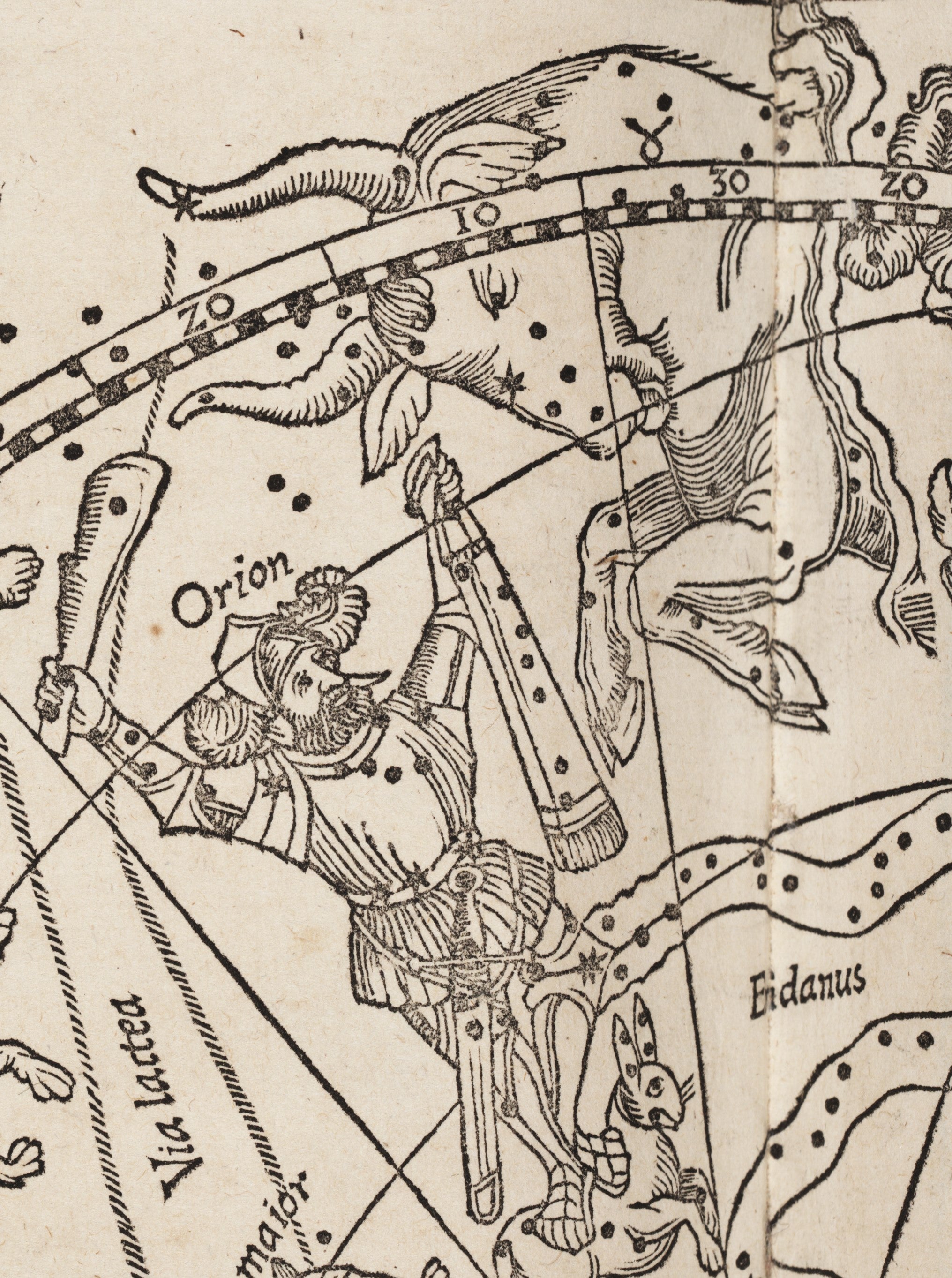 Classical depiction of Orion and Taurus. Image source: Honter, Johannes. "Imagines Constellationum Borealium [-Australium]." Omnia, quae extant, opera. Basel: apud Henricum Petrum, 1541, pl. 2.