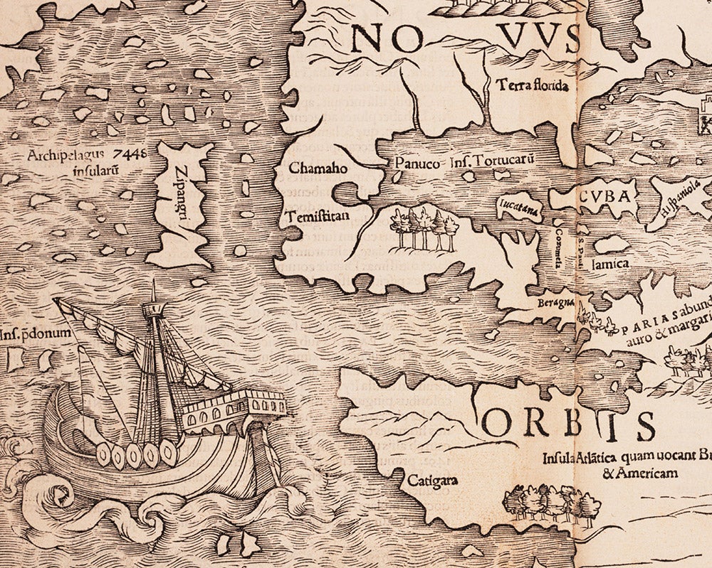Magellan’s ship, the Victoria, in the Pacific Ocean on the map of the New World by Sebastian Münster from Geographia universalis vetus et nova. Basel, 1540.