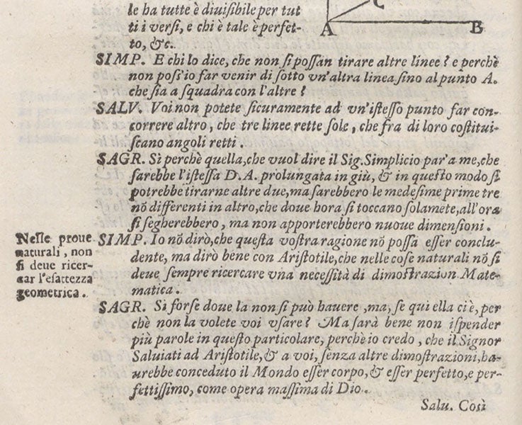 A sample page of text, with the speakers, SIMP., SAGR., AND SALV., identified at the left,  Dialogo … sopra i due massimi sistemi del mondo, by Galileo Galile, 1632, copy 1, page 6 (Linda Hall Library)