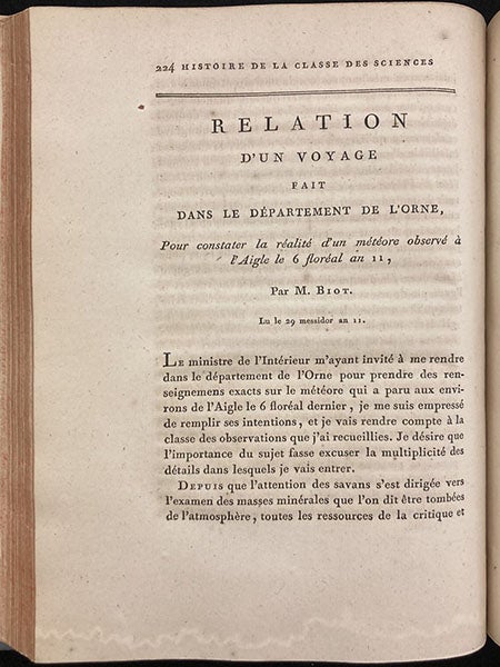 First page of Biot’s “Relation d’un voyage”, describing his visit to l’Aigle in 1803, in Memoires … de l’Institut national de France, vol. 7, 1806 (Linda Hall Library)