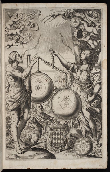The “Weighing of World Systems,” engraved frontispiece, Almagstum novum, by Giovanni Battista Riccioli, vol. 1, 1651 (Linda Hall Library)