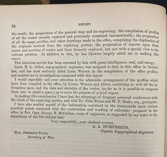 Second and last page of the introduction to vol. 1 of the Pacific Railroad Reports, signed by Andrew A. Humphreys, thanking his cartographers and assistants, 1855 (Linda Hall Library)