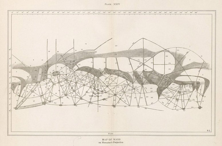 Map of Mars, Mercator projection, folding plate in its entirety, drawn by Percival Lowell, in Mars, plate 24, 1895 (Linda Hall Library)
