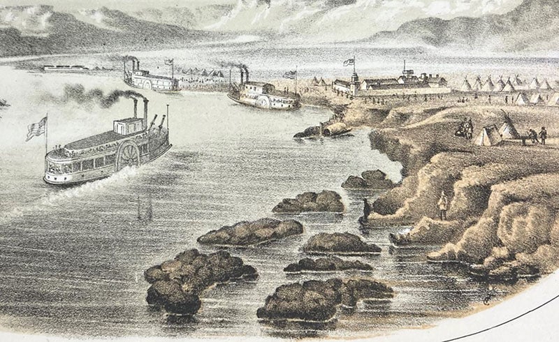 Fort Benton on the upper Missouri River, detail of lithographed frontispiece by Gustav Sohon, Report on the Construction of a Military Road from Fort Walla-Walla to Fort Benton, by John Mullan, 1863 (Linda Hall Library)