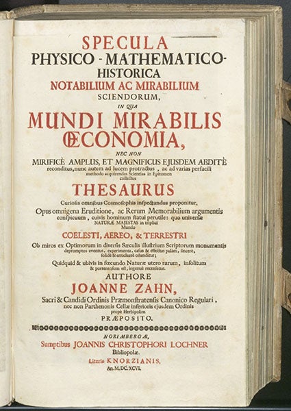 Type-set title page, Johann Zahn, Specula physico-mathematico-historica, vol. 1, 1696 (Linda Hall Library)