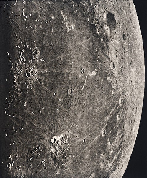 The lunar craters Grimaldi (dark crater at upper right), Kepler (center left), and Aristarchus (bright crater at bottom center), in the Ocean of Storms, Atlas Photographique de la Lune, Maurice Loewy and Pierre Henri Puiseux, 1896-1910, plate 57, taken Sep. 4, 1904 (Linda Hall Library)