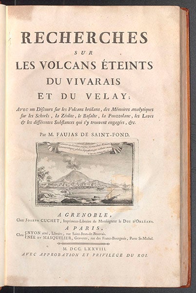 Title page, with engraved vignette, Barthélemy Faujas-de-Saint-Fond, Recherches sur les volcans éteints du Vivarais et du Velay, 1778 (Linda Hall Library)