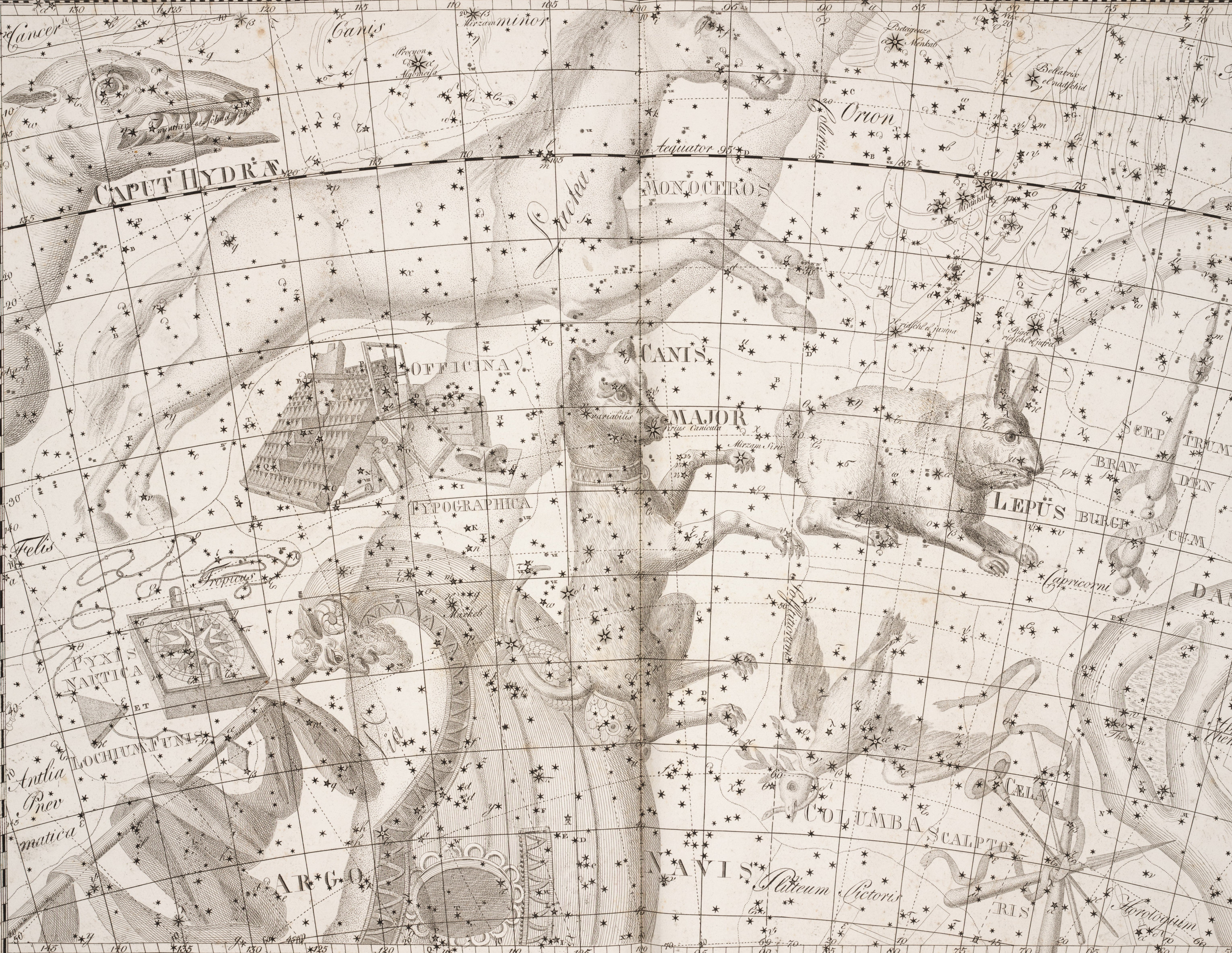 Monoceros, Canis Major, and Lepus. Image source: Bode, Johann Elert. Uranographia. Berlin: apud Autorim, 1801, pl. 18.
