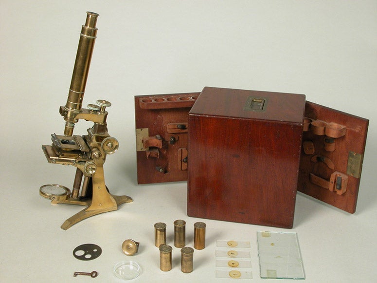 Mary Ward’s microscope, built by Andrew Ross of London, with carrying box and extra eyepieces, now at Castle Ward, County Down, Ireland, National Trust (photo by Alessando Nasini, National Trust)