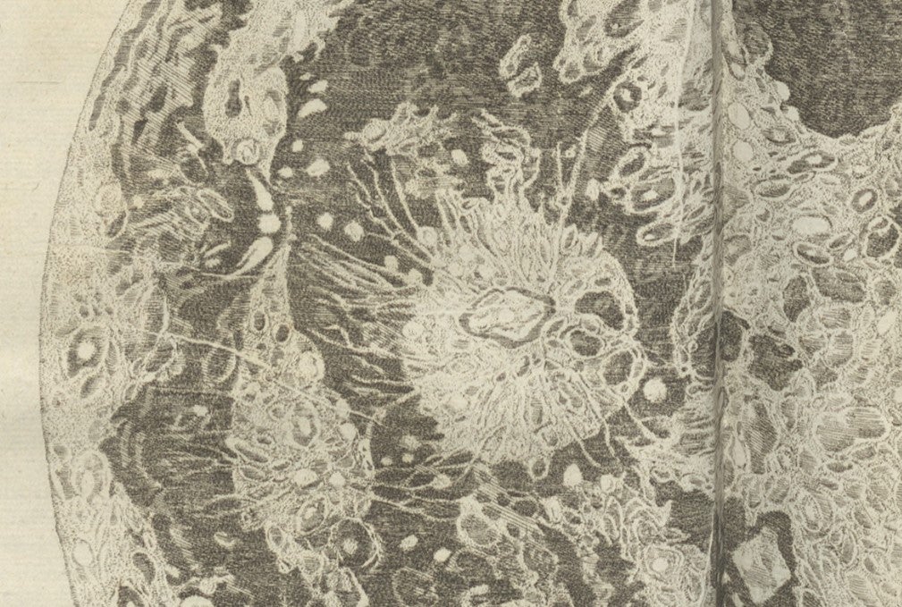 The illustration shows a detail of the region around Copernicus, in the Oceanus Procellarum (Ocean of Storms); the Kepler ray system is to the left, and Aristarchus is at upper left. (Other depictions of Copernicus can be seen in items 30 and 45).