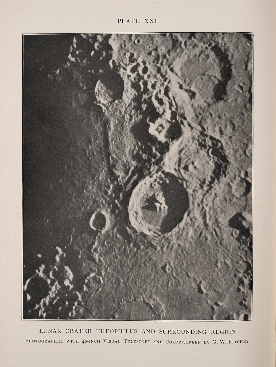 The photograph of the region of Theophilus, Cyrillus, and Catharina, near Mare Nectaris (Sea of Nectar), was printed by a screened halftone process, which is less satisfactory than photogravure, and yet it clearly shows finer detail than the photograph of the same region that appeared in the Lick Observatory Atlas.