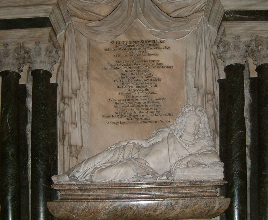 Funerary monument for Cloudesley Shovell, marble sculpture by Grinling Gibbons, Westminster Abbey, London (Wikimedia commons)
